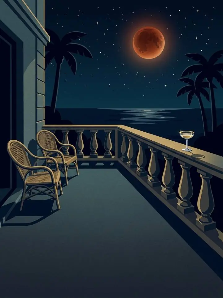 The terrace of the villa in The Eclipse: two empty wicker chairs, an abandoned glass on the balustrade, and a copper eclipsed moon over the sea