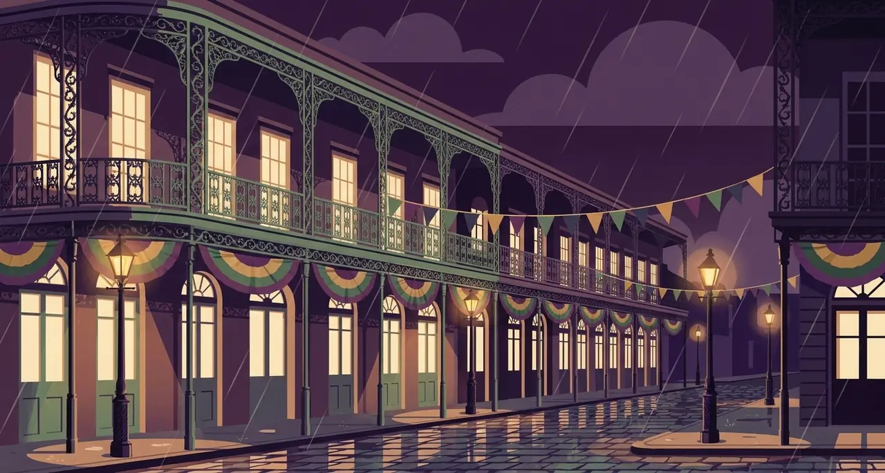 The French Quarter in the rain: iron balconies hung with Mardi Gras bunting, gas lamps down a wet street — the evening The King Cake opens on