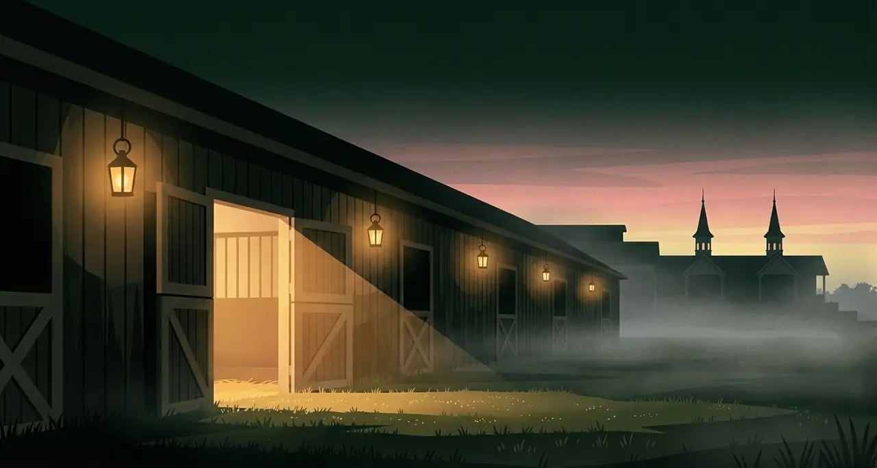 A long wooden stable at dawn with lanterns along the wall and one stall door open onto warm light, fog over the grass and two tall spires against a pink sky