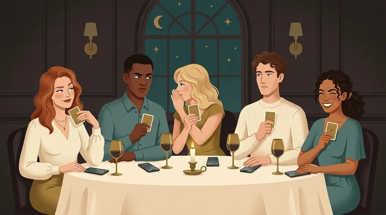 Five people at a candlelit table, each holding a card face down; one of them whispers behind her hand.