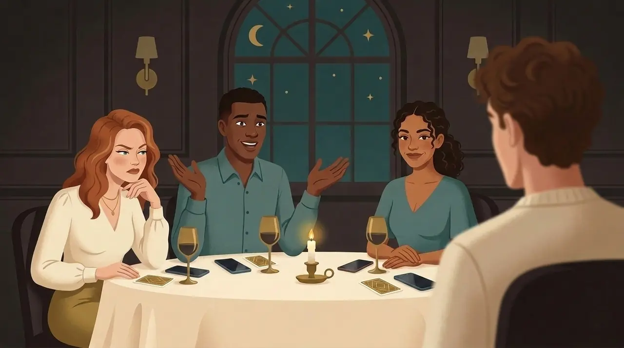 The same table, one guest talking with his hands open while the others watch him.