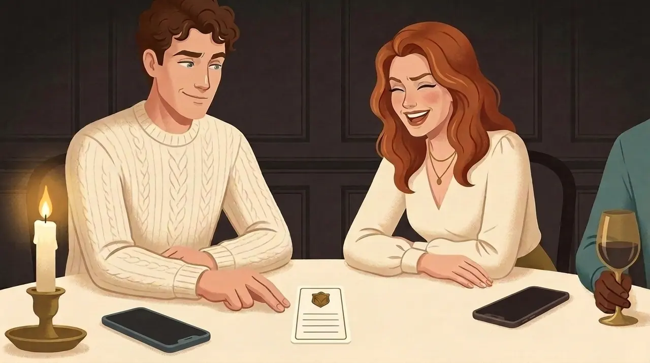 Close up: a man laying a sealed card face up on the tablecloth, the woman beside him laughing.