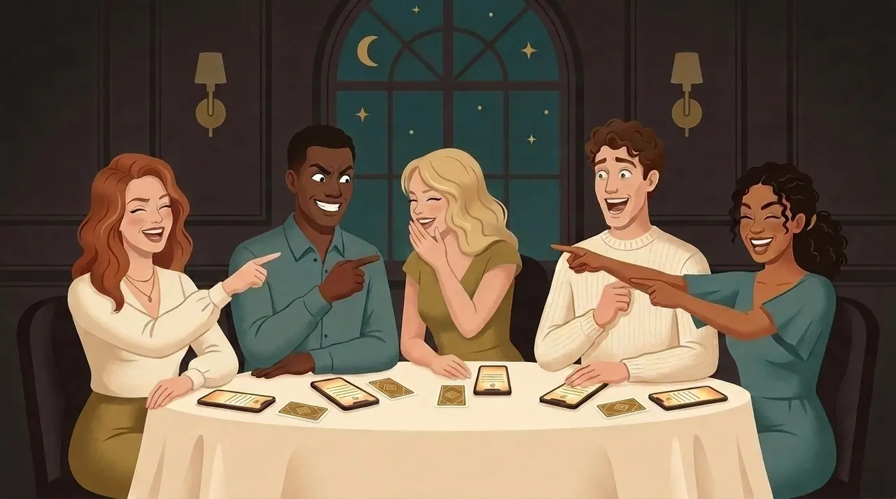 The whole table pointing at once in different directions, phones showing the same dossier in front of them.